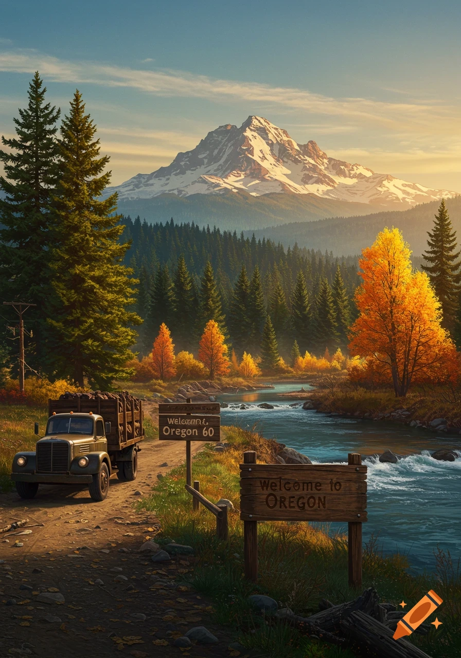 A vintage truck loaded with logs on a dirt road next to a river. Snowy mountains and autumn trees are in the background. Two wooden signs read "Welcommt. Oregon 60" and "Welcome to OREGON."