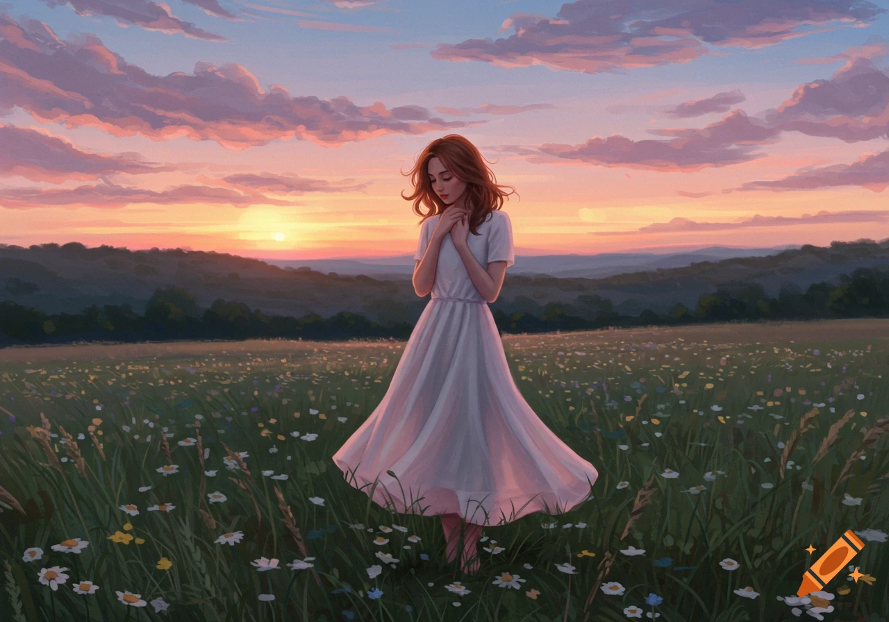 An illustrated woman with red hair in a white dress stands in a field of wildflowers at sunset under a cloudy sky.