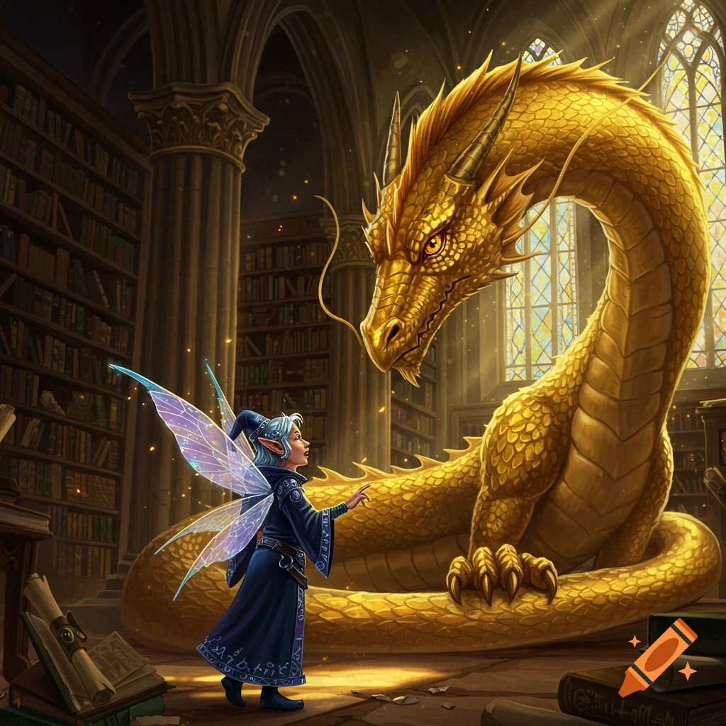 A female pixie wizard interacts with a gigantic golden dragon in a vast, sunlit library.