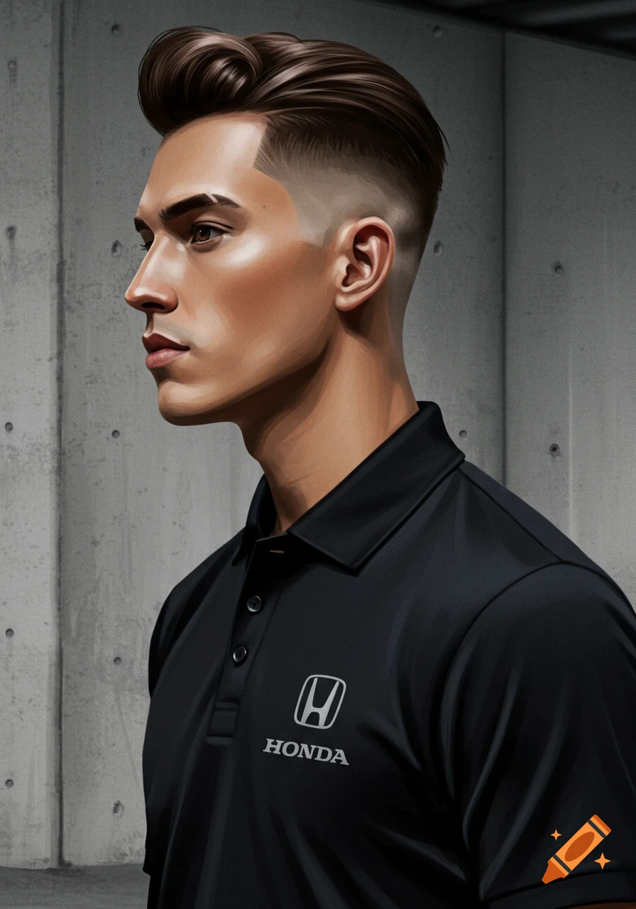 Profile of a man with a styled haircut wearing a black Honda polo shirt against a concrete wall.