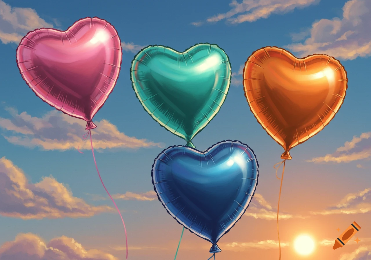 Four colorful heart-shaped foil balloons floating in a partly cloudy sky during sunset.