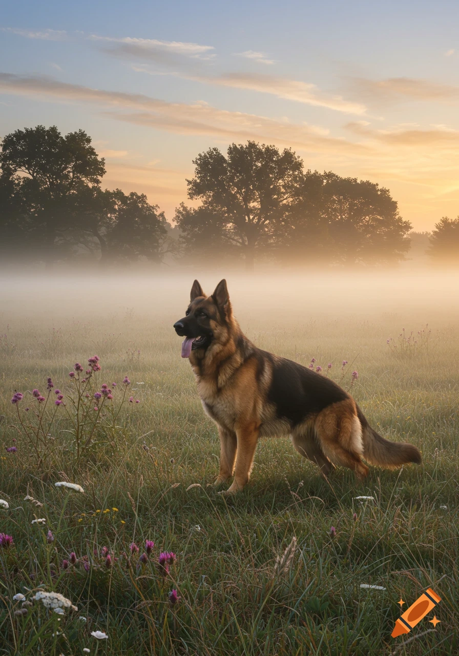 A photorealistic German Shepherd stands in a misty, grassy field with trees silhouetted against a sunrise sky.