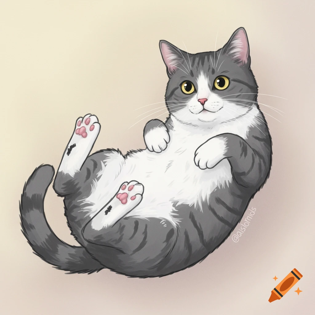 Digital illustration of a grey-and-white tuxedo cat lying belly-up, showing its pink toe beans and yellow eyes.