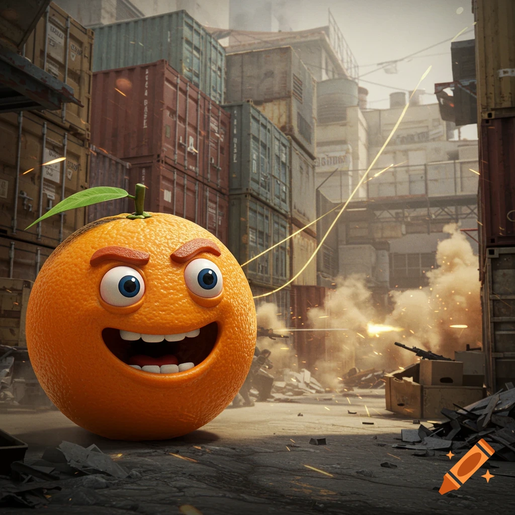 A grinning cartoon orange with eyebrows stands in a gritty, war-torn city with shipping containers and explosions.