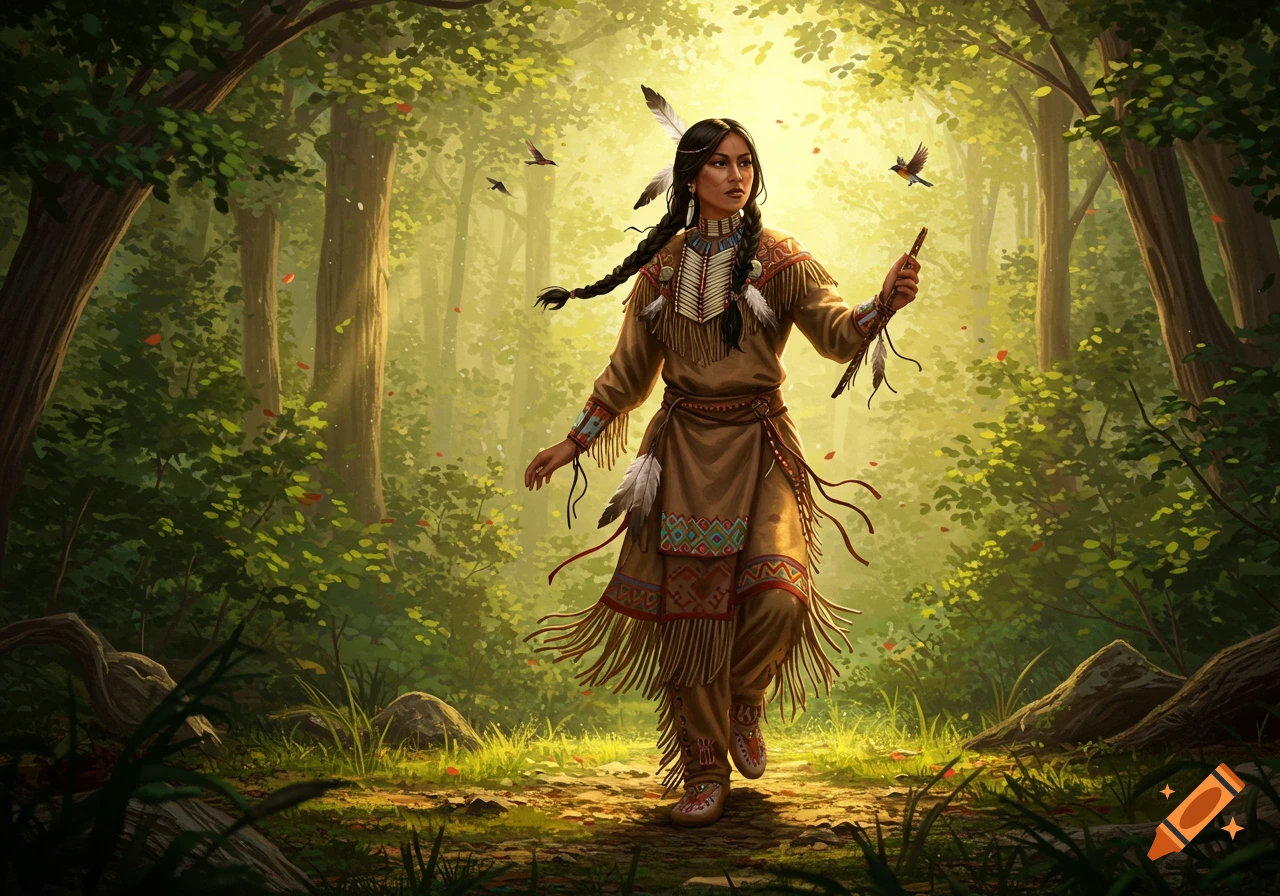 A Choctaw woman in traditional clothing walks through a sunlit forest with birds flying around her.