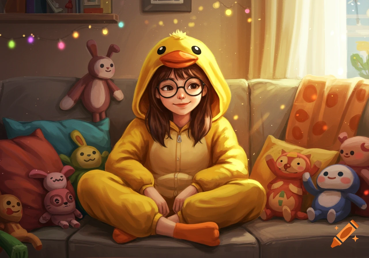 An illustrated girl in a yellow duck onesie sits cross-legged on a couch, surrounded by plush toys and string lights.