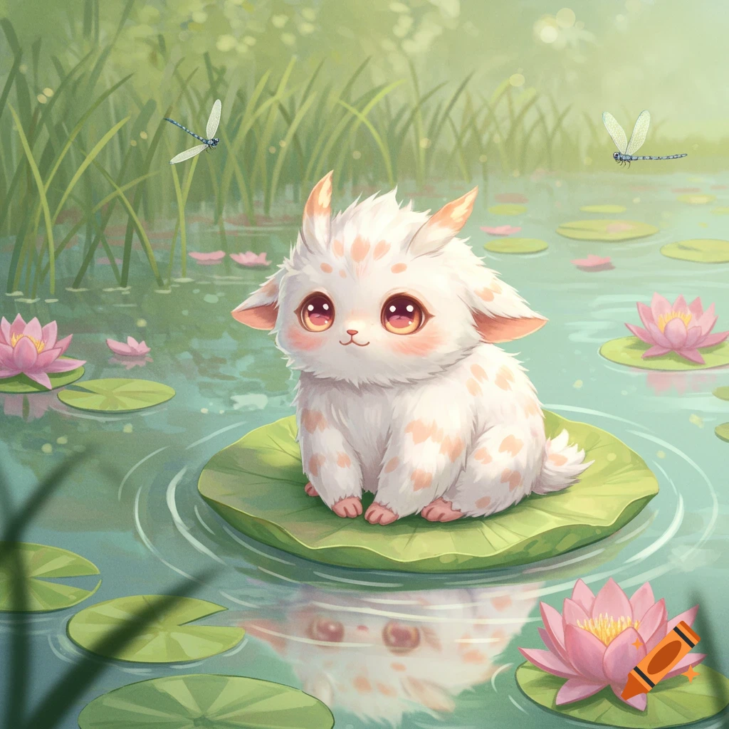 A cute, fluffy white creature with orange spots and big eyes sits on a lily pad in a pond with pink lotus flowers and dragonflies, in an illustration style.
