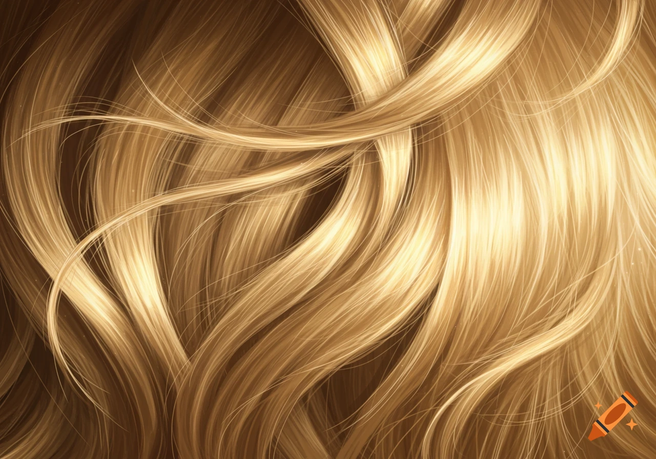 Close-up of wavy, glossy blonde hair with lighter highlights, showing intricate strands.