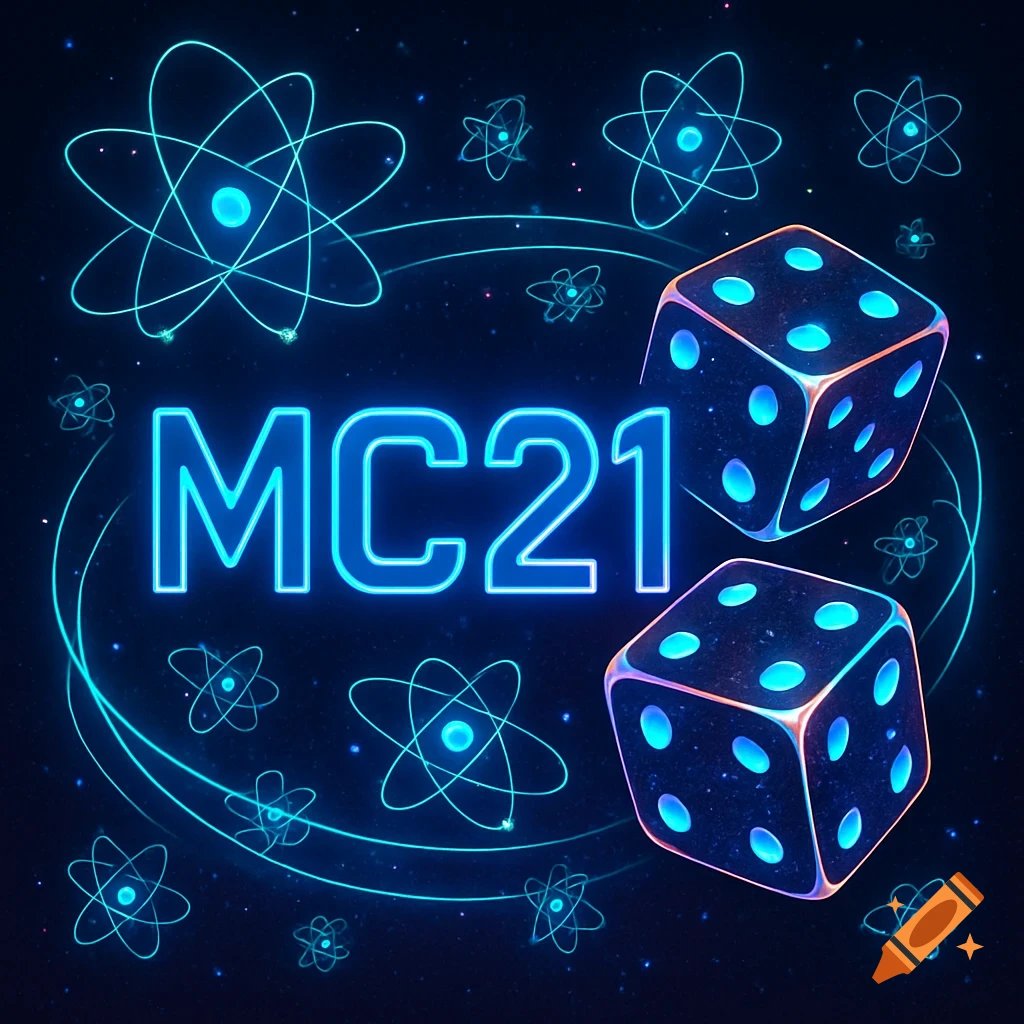 Neon blue MC21 text with two glowing dice and atomic symbols on a dark, star-filled background.
