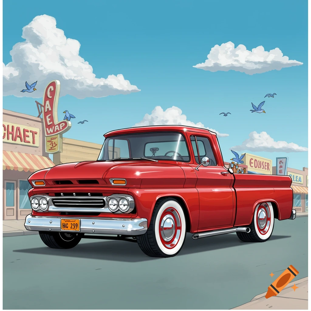 A vibrant cartoon illustration of a vintage red pickup truck with white wall tires, parked on a street in front of storefronts under a blue sky with fluffy clouds and flying birds.