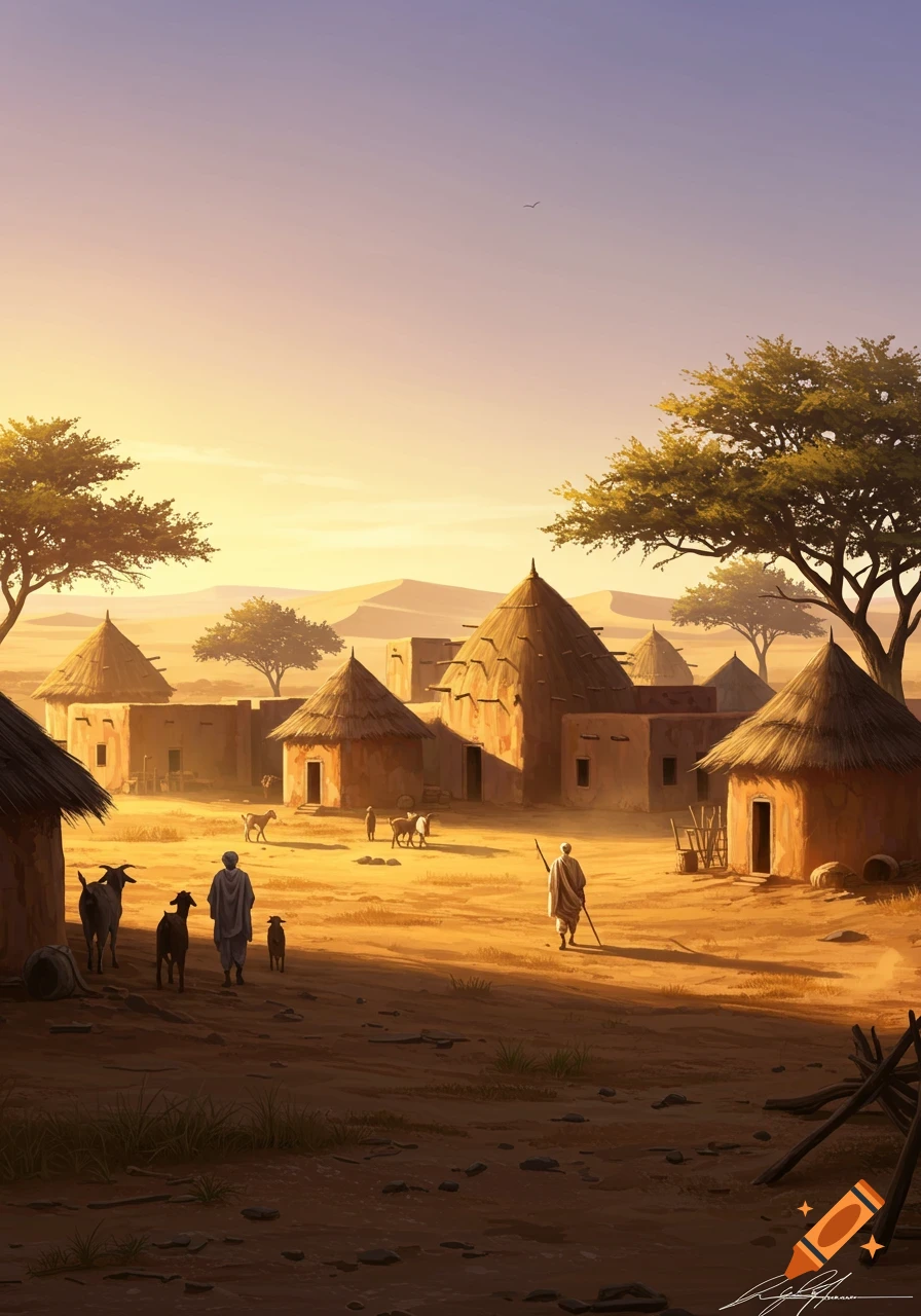 A small village with traditional huts, people, and goats in a desert landscape during sunset. Digital painting.