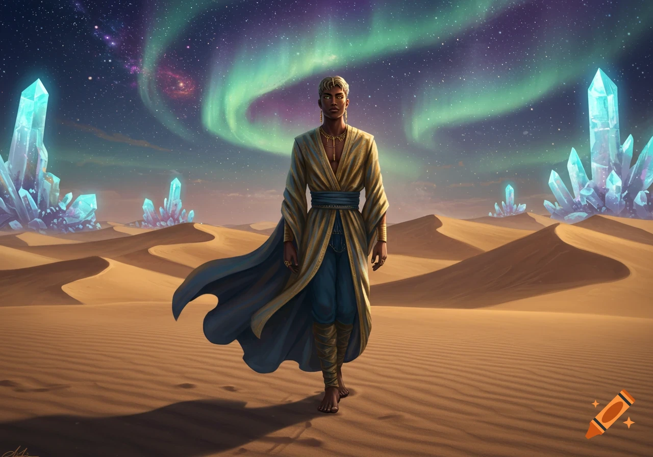 A person in flowing robes stands in a desert with large glowing crystals under a night sky with a vibrant aurora.