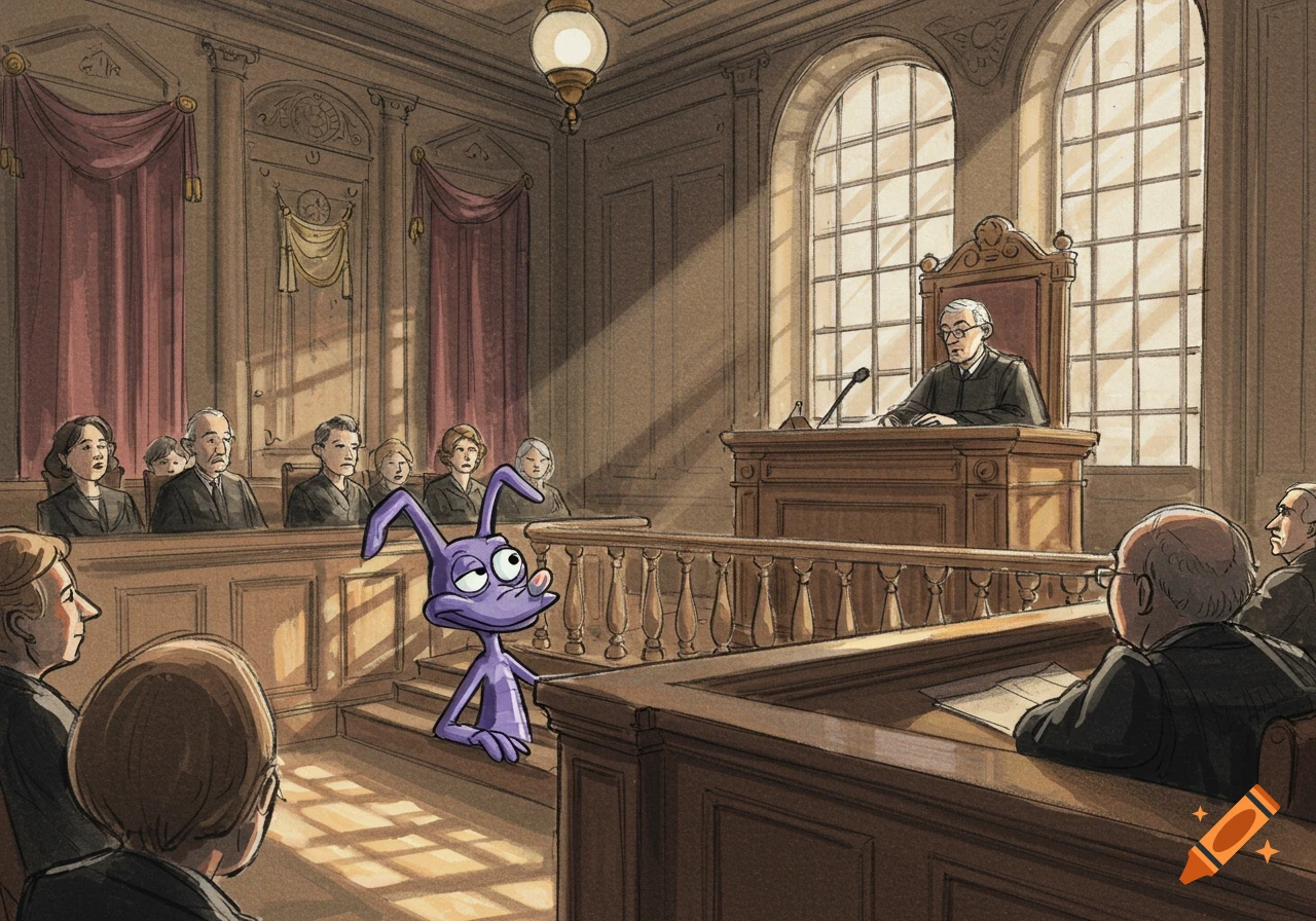 A cartoon purple rabbit stands in a courtroom with a judge on the bench and people seated in the background.
