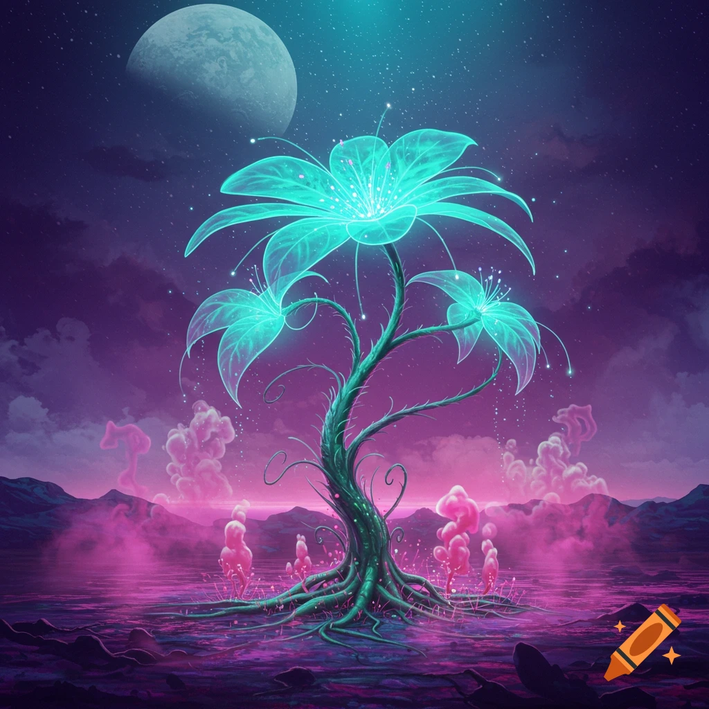 A vibrant glowing alien plant with translucent teal flowers and roots in a purple and pink landscape under a starry sky with a large moon.