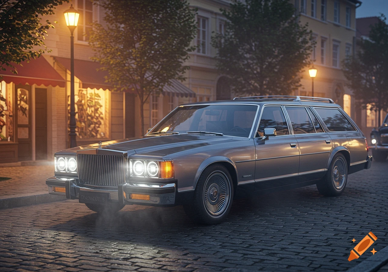 Photorealistic image of a vintage gray station wagon parked on a cobblestone street at night, illuminated by streetlights.