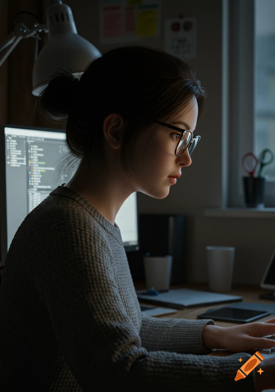 A girl wearing glasses sits in side profile, concentrating on a computer screen in a dimly lit room.