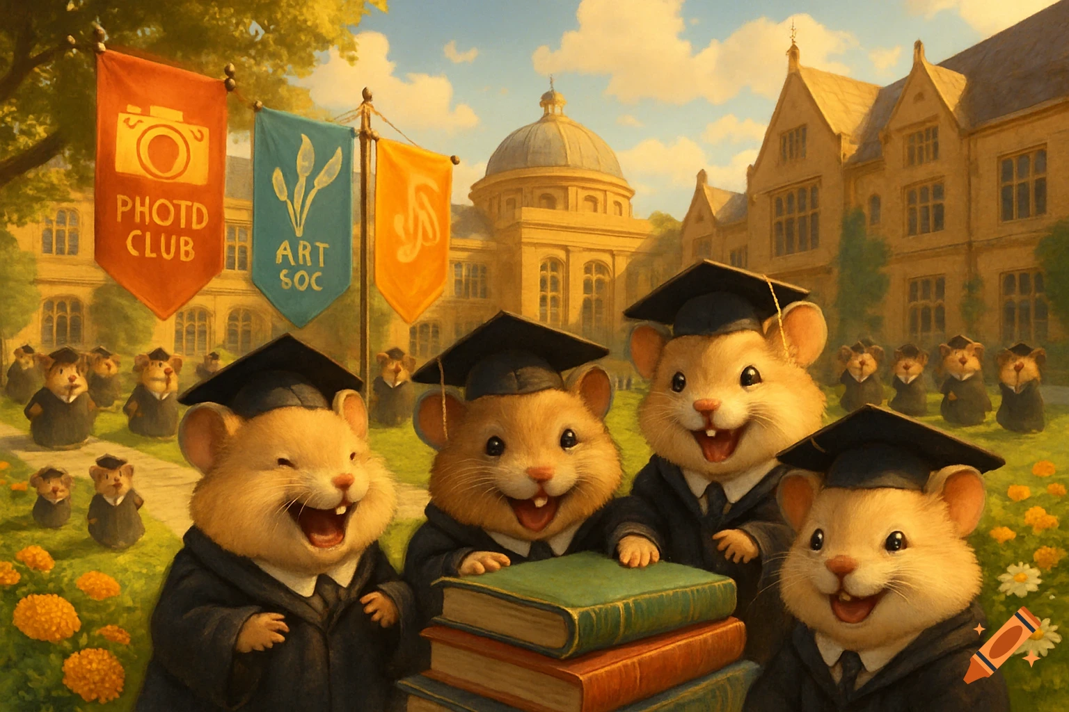 Cute hamsters in graduation caps and gowns stand in front of a grand university building with club banners, holding books.