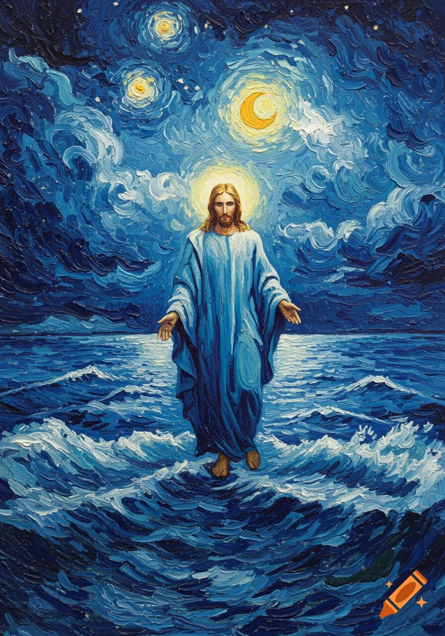 Jesus Christ walks on stormy blue water under a swirling, moonlit sky, rendered in the impasto style of Vincent van Gogh.