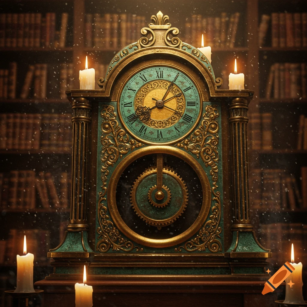 An ornate antique clock with Roman numerals, brass and teal accents, and lit candles in a softly lit library.