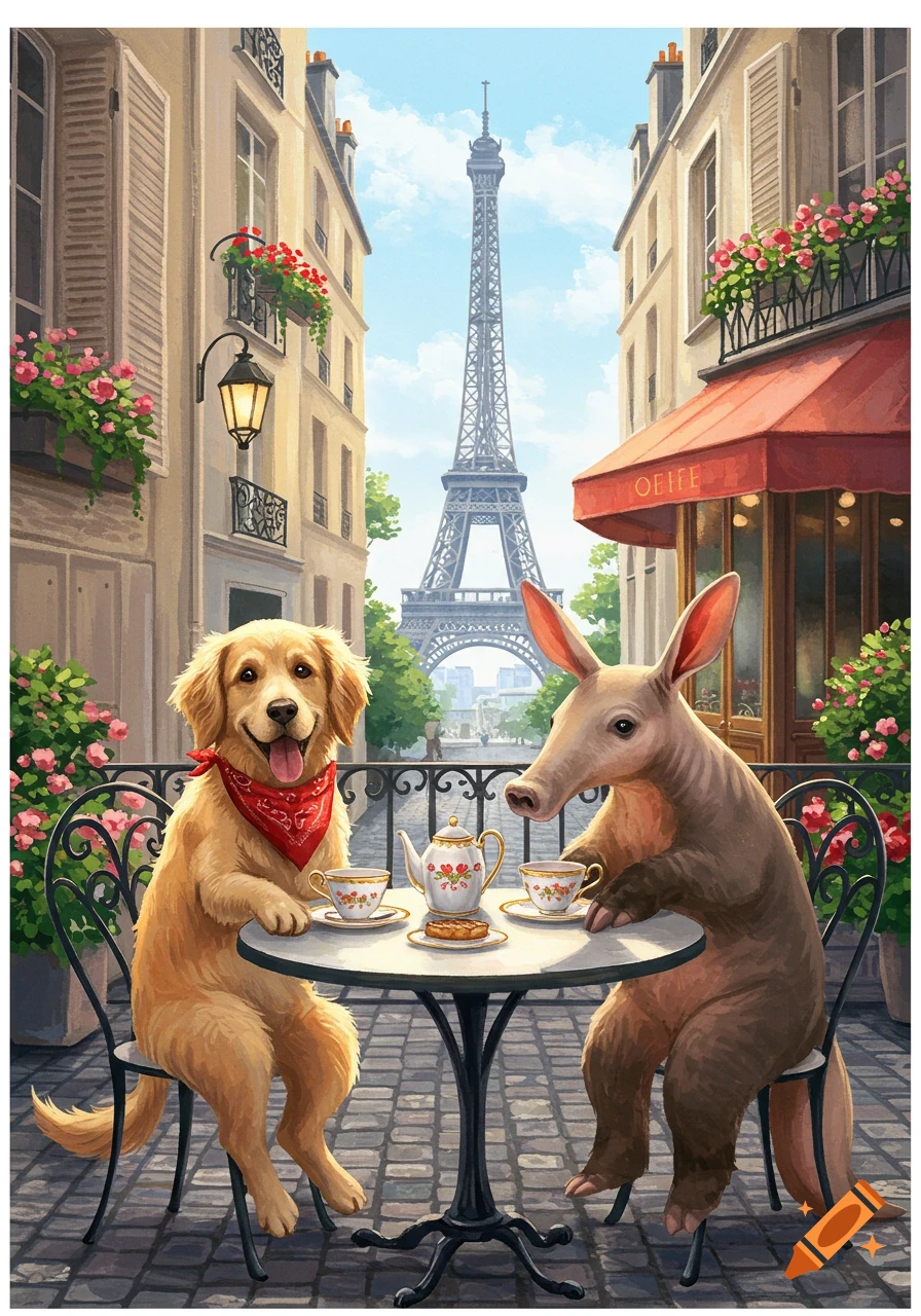 A golden retriever and an aardvark sit at an outdoor cafe table in Paris, with the Eiffel Tower visible in the background.