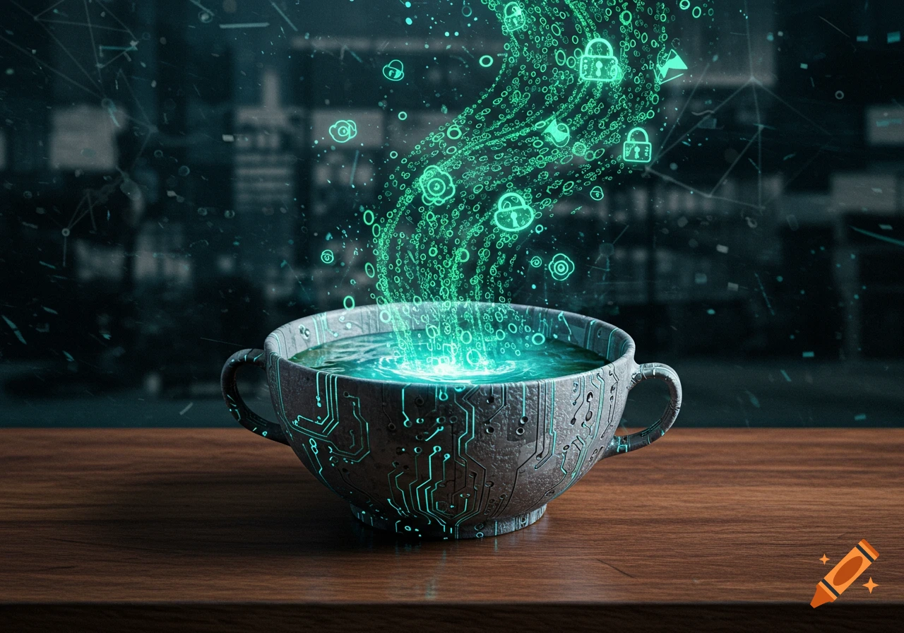 A futuristic cup with circuit patterns emits glowing green binary code and lock symbols, representing cybersecurity.