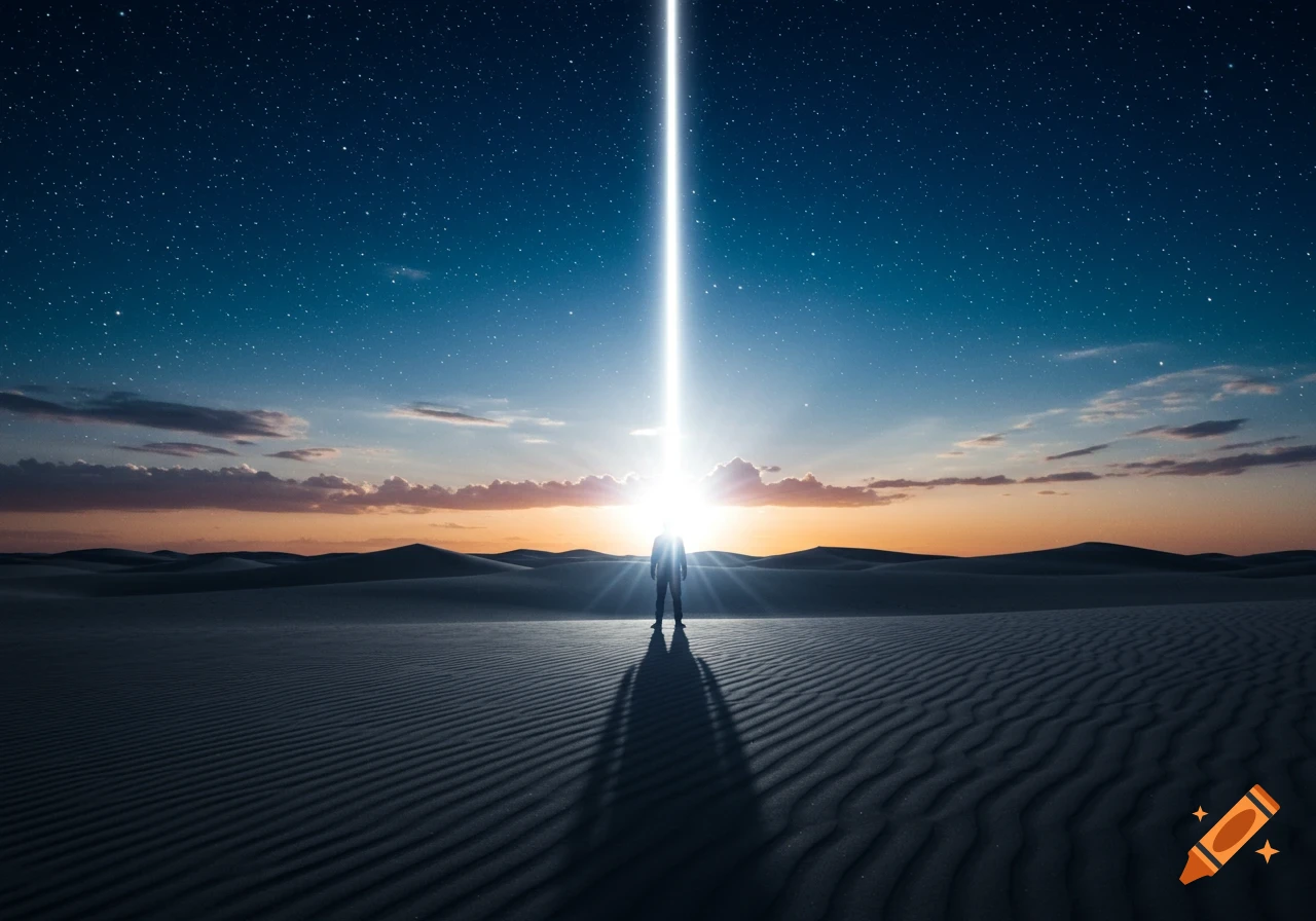 A silhouette of a person stands in a desert under a starry night sky, with a bright beam of light rising from them.