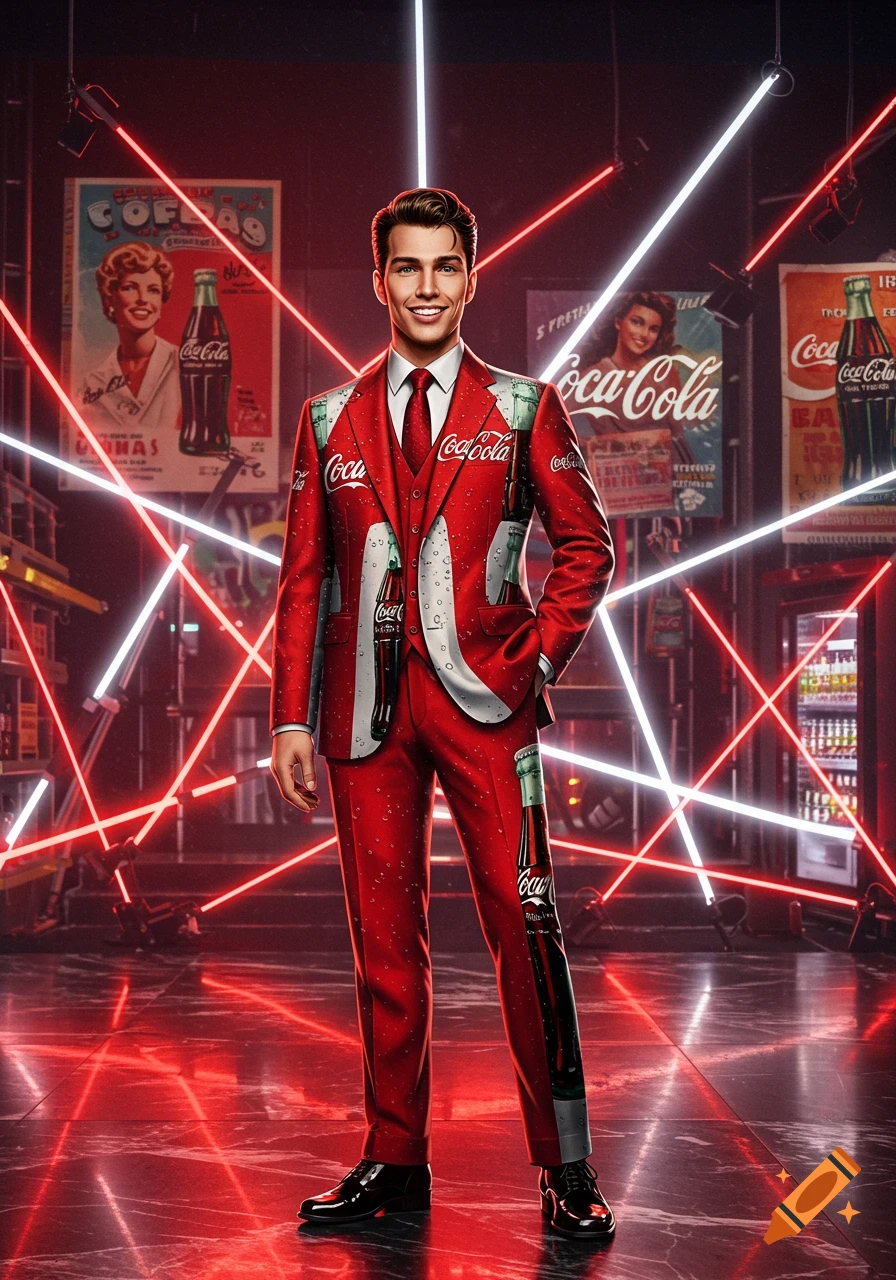 A smiling man in a red suit adorned with Coca-Cola logos and bottle designs stands in a room with neon lights and vintage Coca-Cola posters.