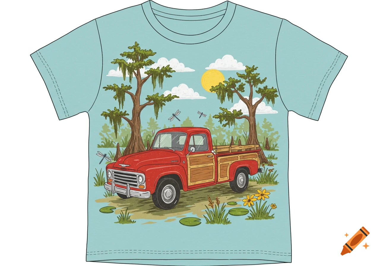 A light blue t-shirt featuring a cartoon illustration of a red vintage pickup truck parked in a swamp with cypress trees, lily pads, and dragonflies under a sunny sky.