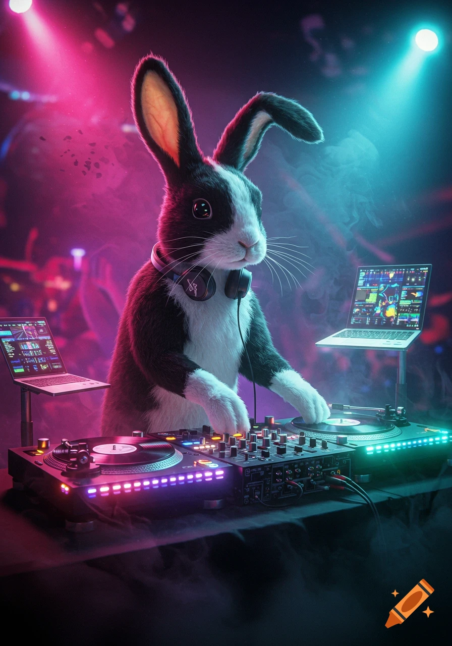 A black and white rabbit wearing headphones is realistically depicted as an EDM DJ, standing at a DJ mixer with turntables and laptops, illuminated by vibrant pink and blue club lights.