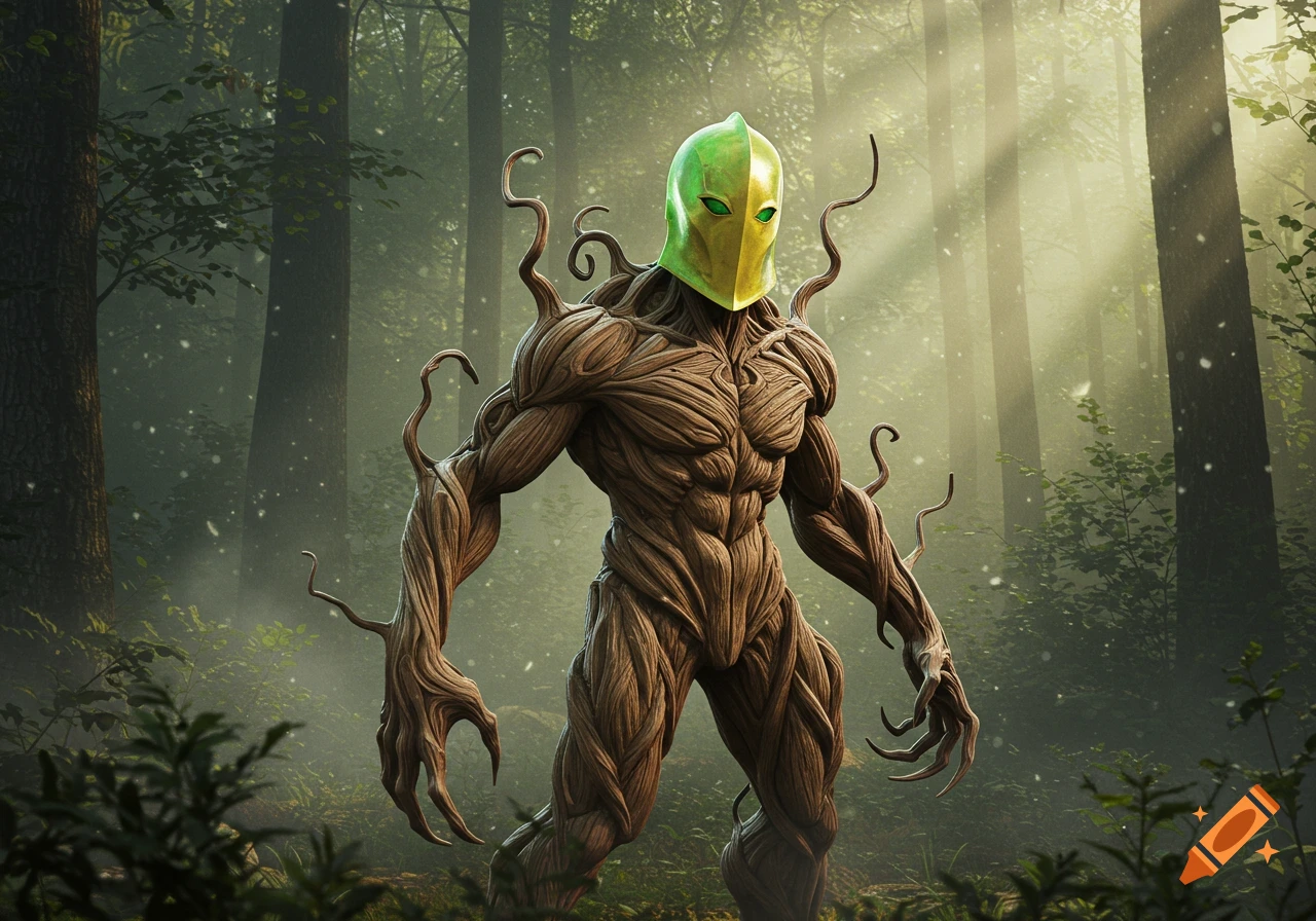 A powerful humanoid creature made of wood and roots, wearing a split green and gold helmet with glowing eyes, stands in a sunlit forest.