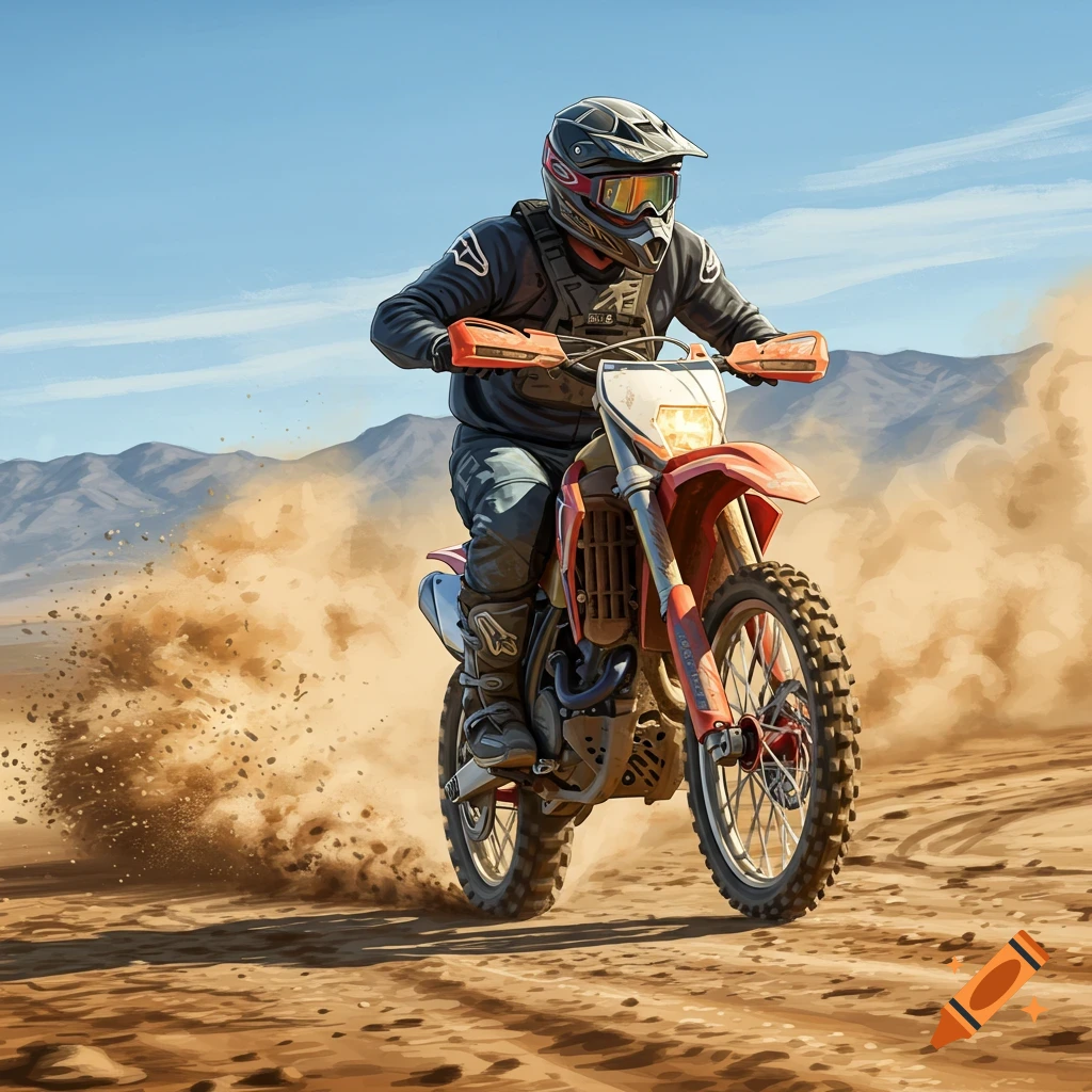 A person on a dirt bike kicks up dust in a desert landscape with mountains under a clear sky.