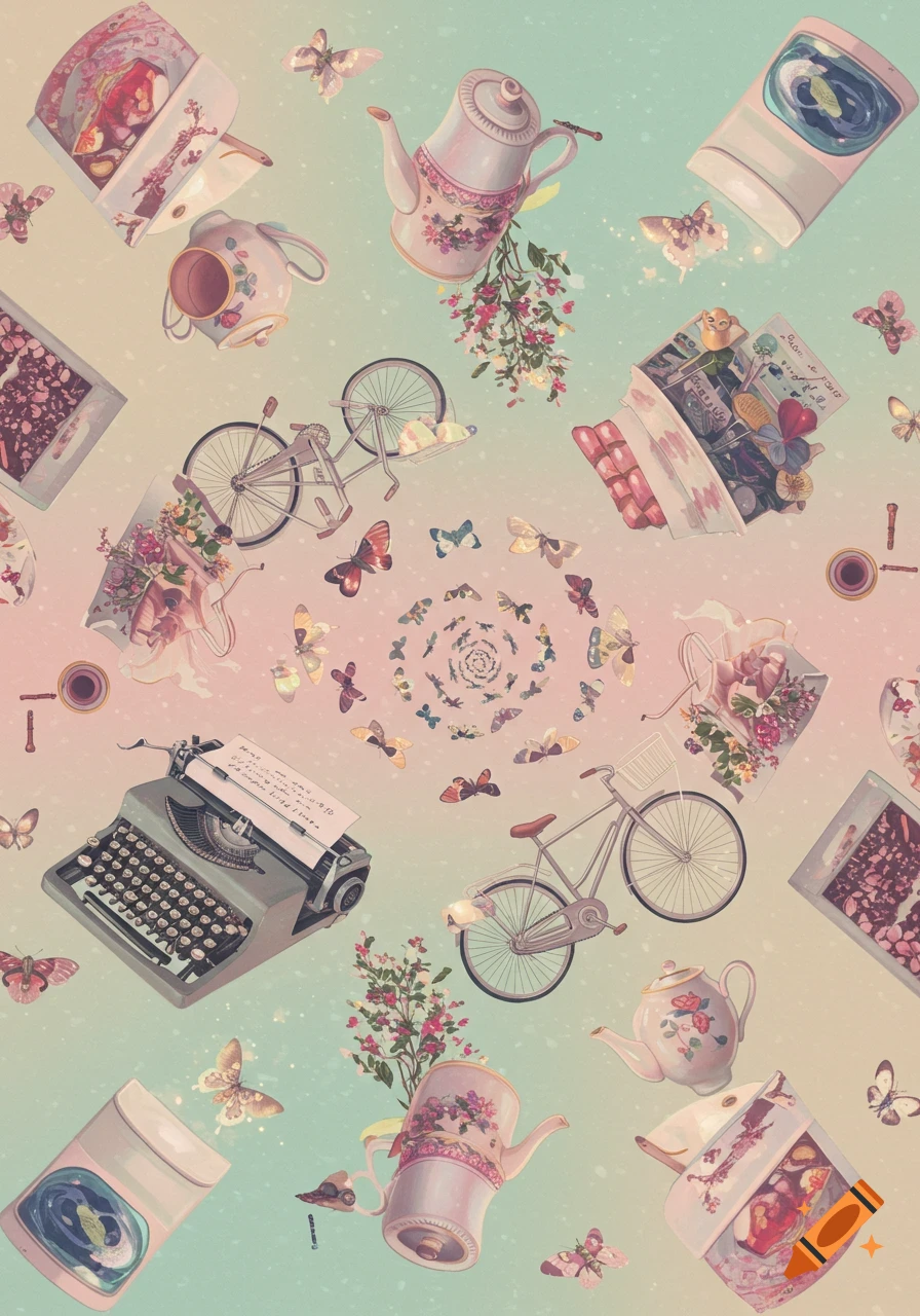 A whimsical pastel pattern with floating vintage objects like teapots, bicycles, and typewriters, surrounded by butterflies and flowers.