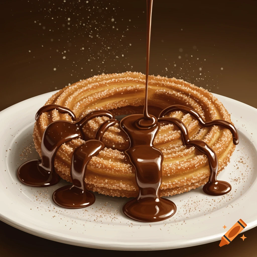 A large, round churro covered in sugar on a white plate, with a stream of melted chocolate sauce being poured over it.