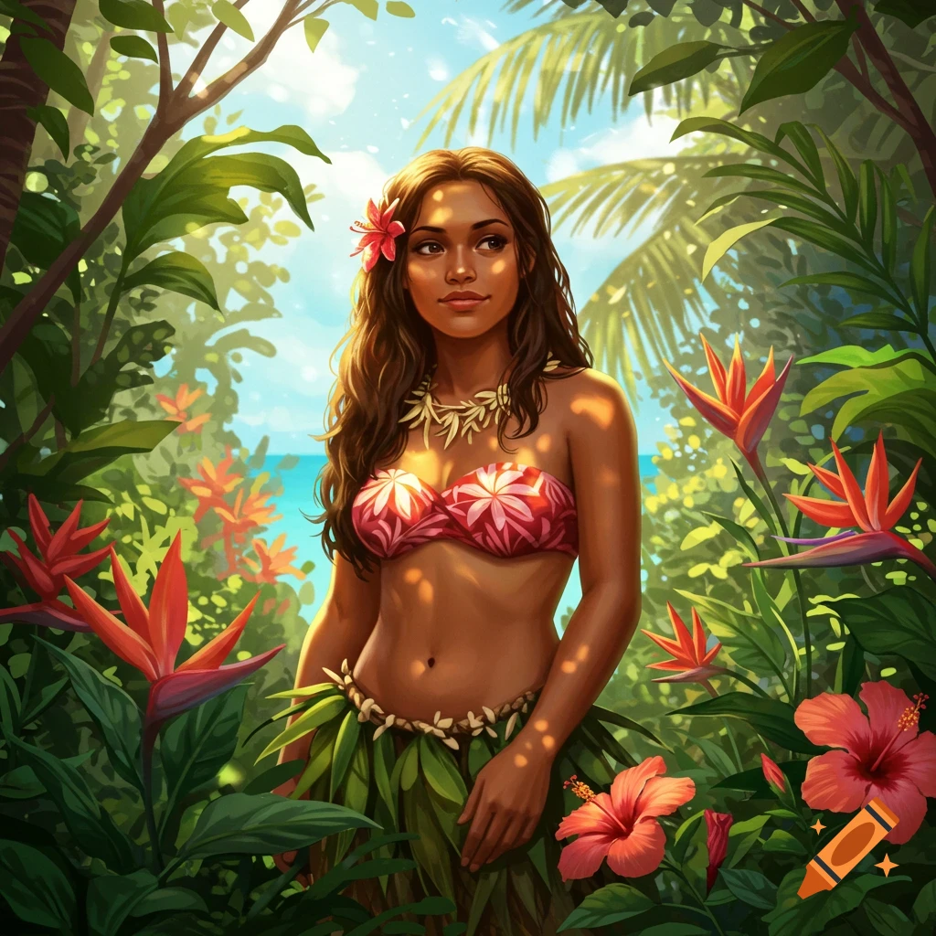 Illustrated woman in a floral top and grass skirt in a lush tropical jungle with red flowers and ocean.
