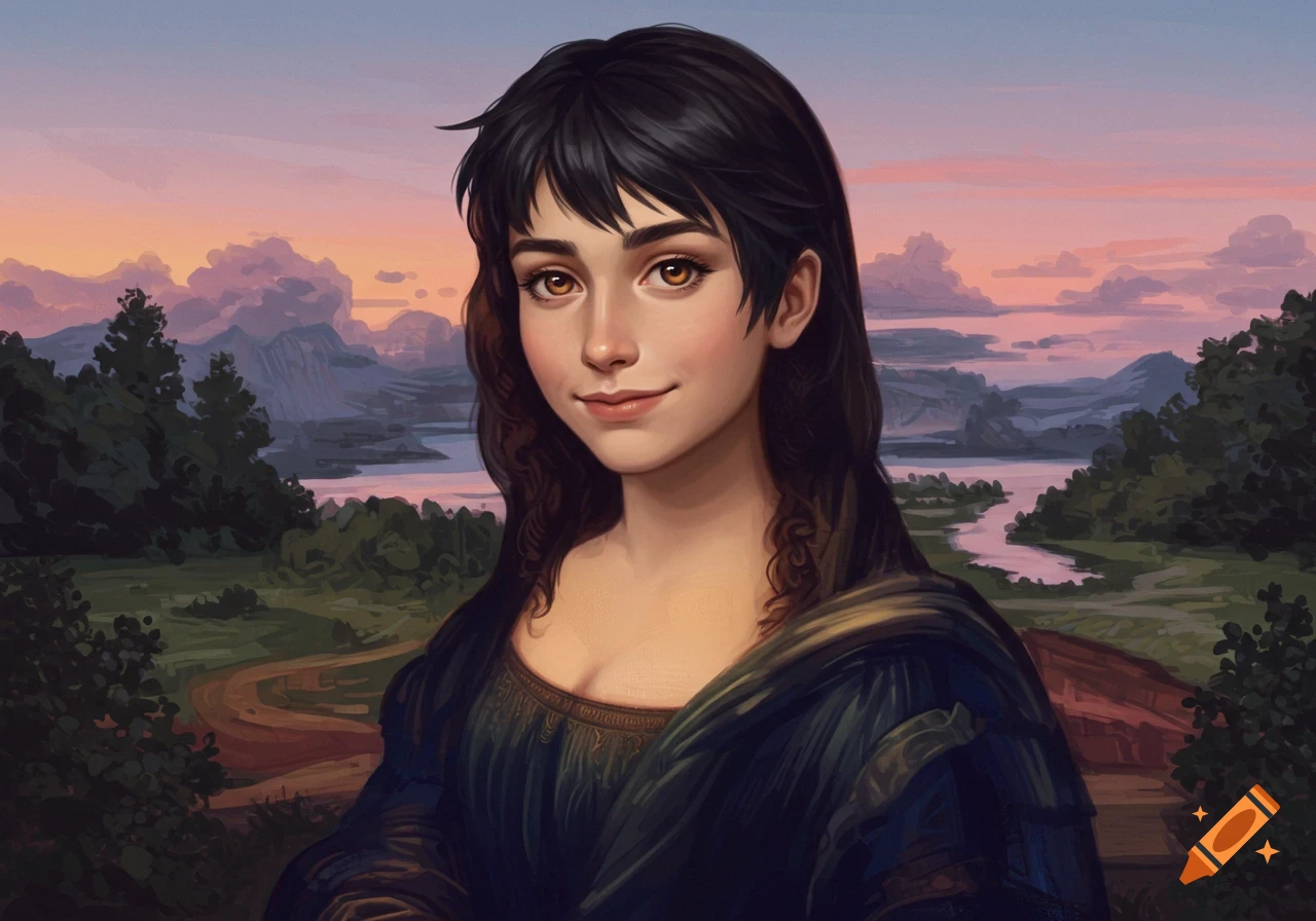 A painterly portrait of a young person with dark hair, styled like the Mona Lisa, against a scenic landscape with mountains and a river at sunset.