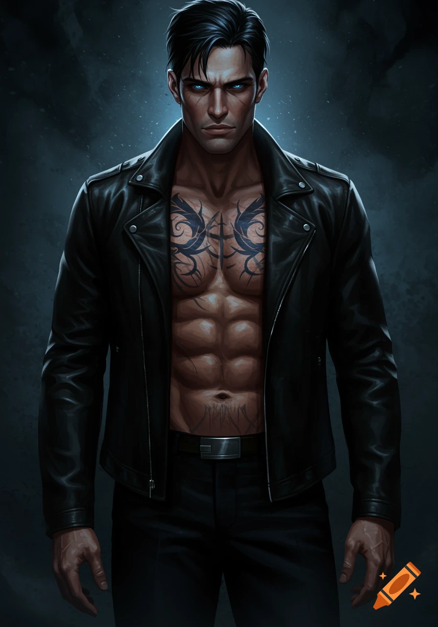 A muscular man with dark hair, piercing blue eyes, and chest tattoos wearing an open leather jacket, in a digital art style.