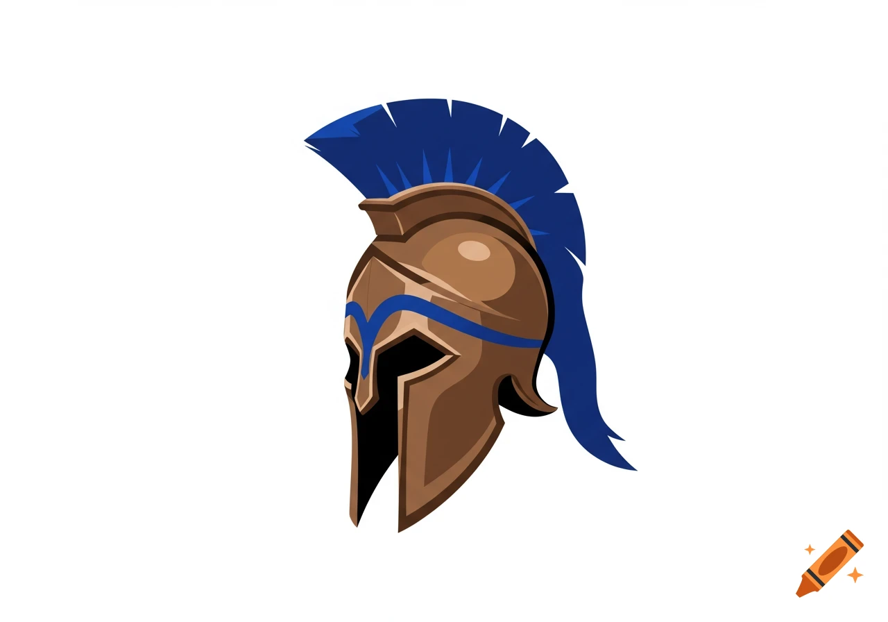 A vector illustration of a bronze Spartan helmet with a blue plume and blue markings, on a white background.