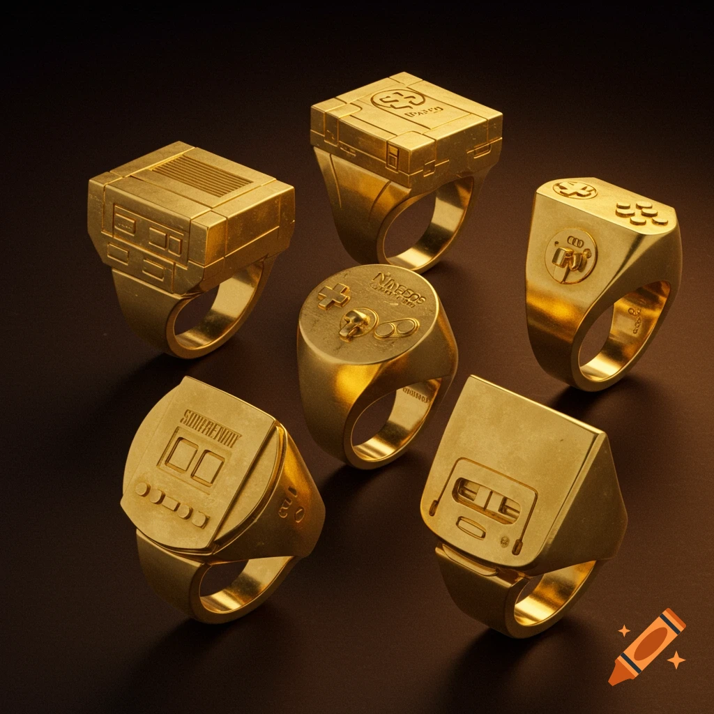 Six highly detailed gold signet rings, each featuring the design of a classic video game console on its face, arranged on a dark surface.