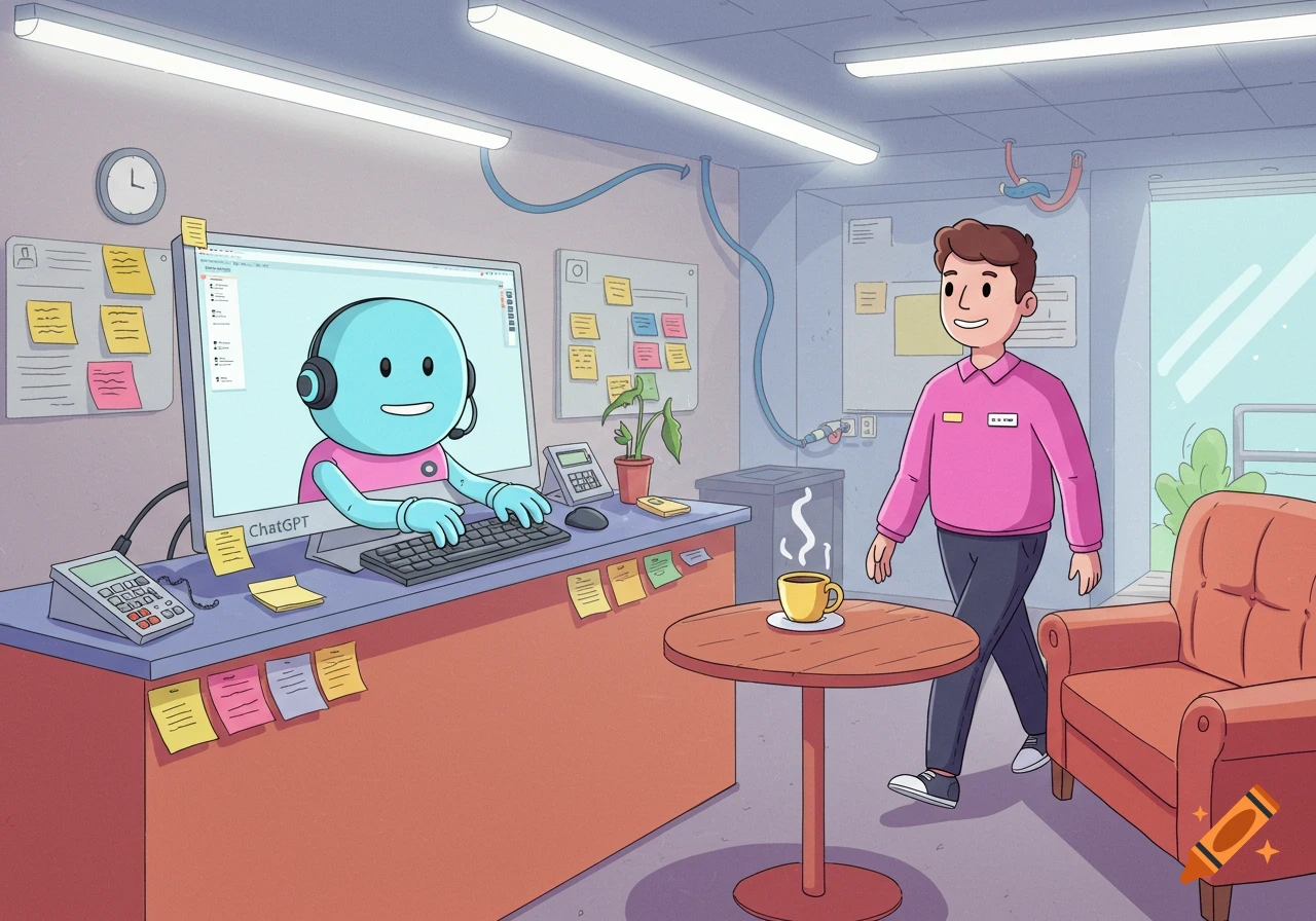 A man in a pink shirt walks away from a desk in a cartoon office. On the computer monitor, a blue AI character with headphones types on a keyboard. The monitor displays "ChatGPT" below it.
