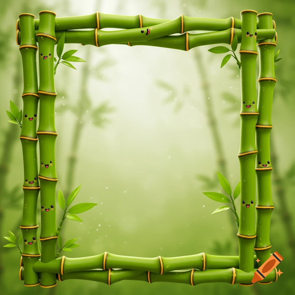 A square picture frame made of smiling cartoon bamboo stalks and green leaves, against a blurry green background.