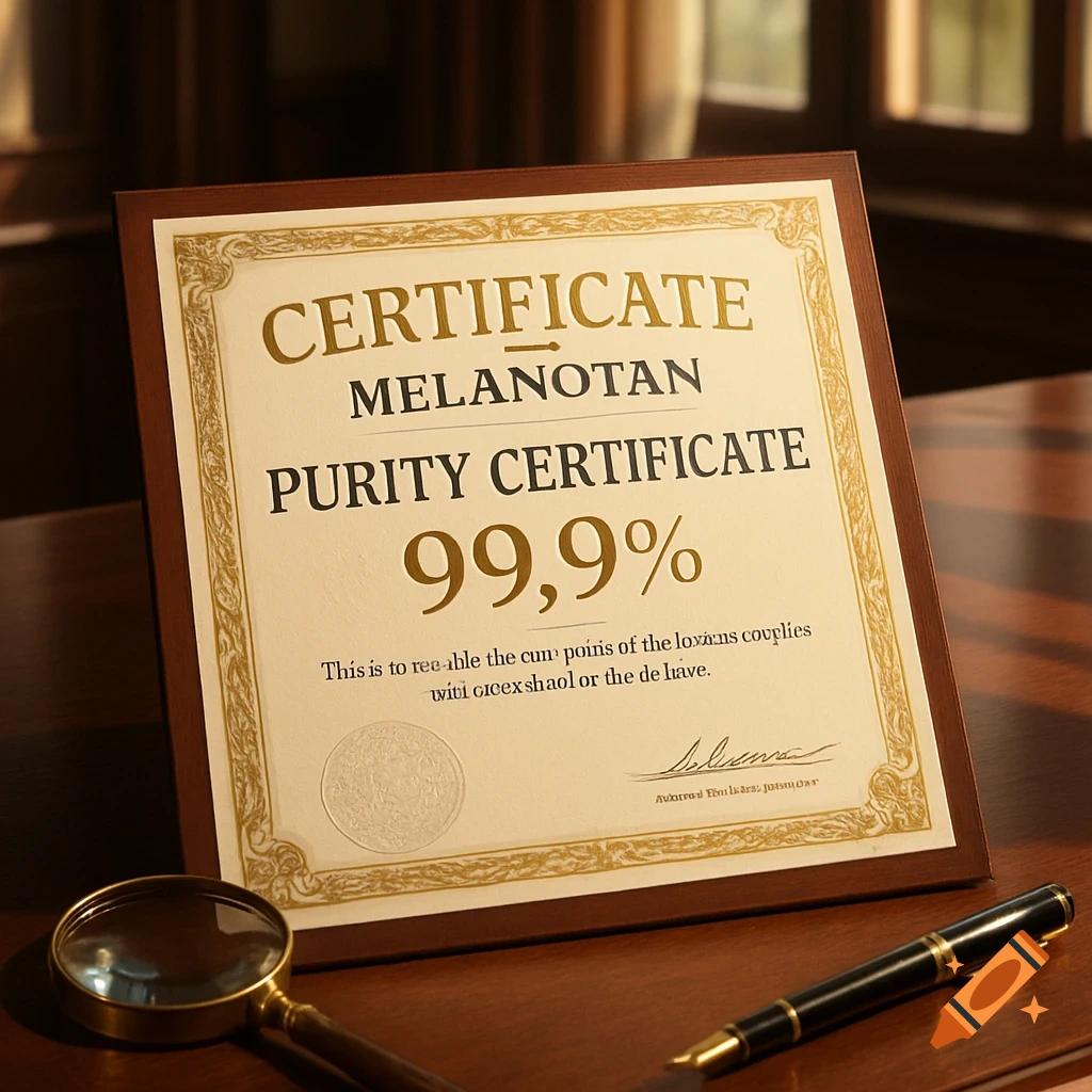 A framed Melanotan Purity Certificate displaying '99.9%' on a wooden desk with a magnifying glass and a pen.