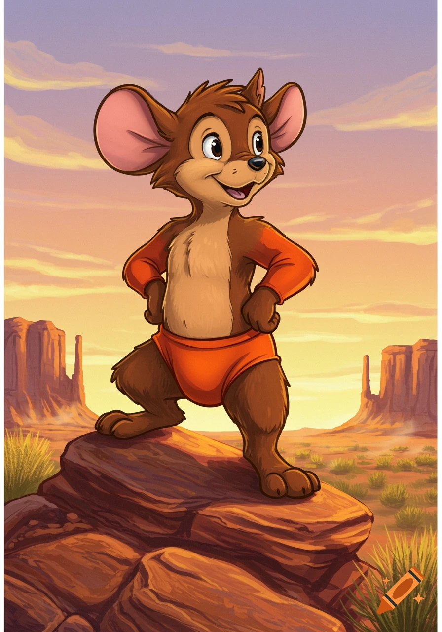 An amblimation style cartoon of a brown wolf pup in orange briefs standing on a rock in a desert landscape at sunset.