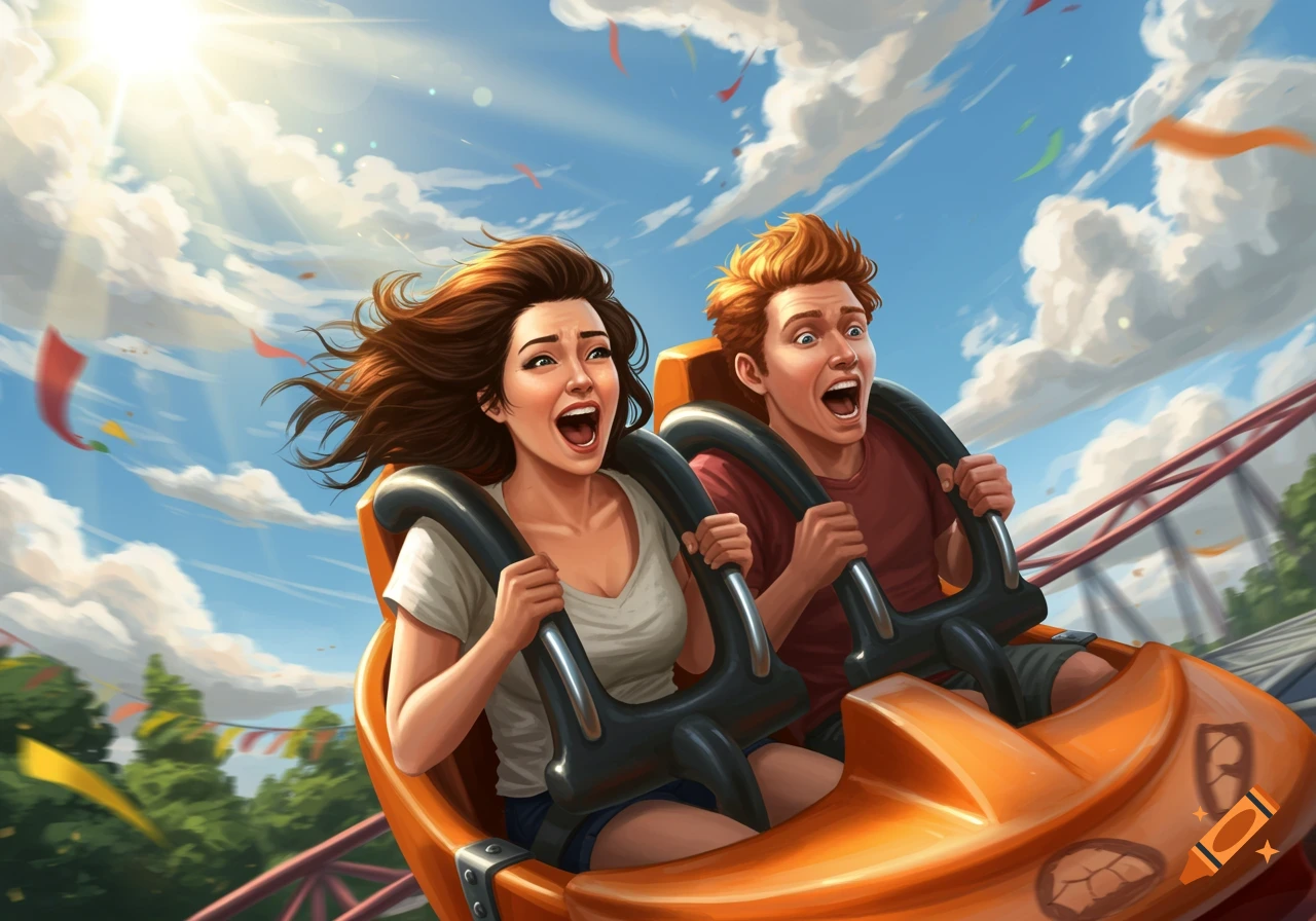 An illustration of a man and woman screaming while riding a roller coaster at an amusement park under a bright, sunny sky with confetti.
