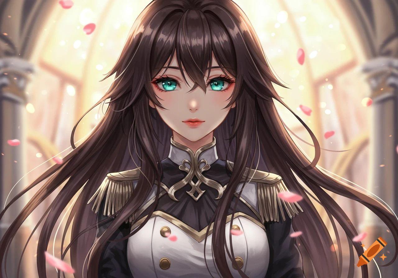 An anime girl with long dark brown hair and cyan eyes in a black and white fancy uniform, in a bright hall with falling rose petals.