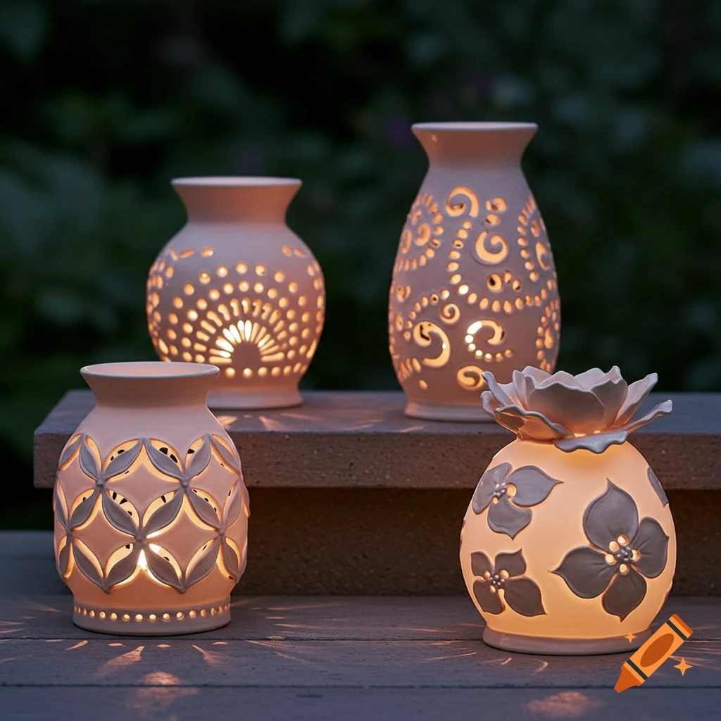 Four illuminated ceramic luminaries with various cut-out patterns in a dark outdoor setting.