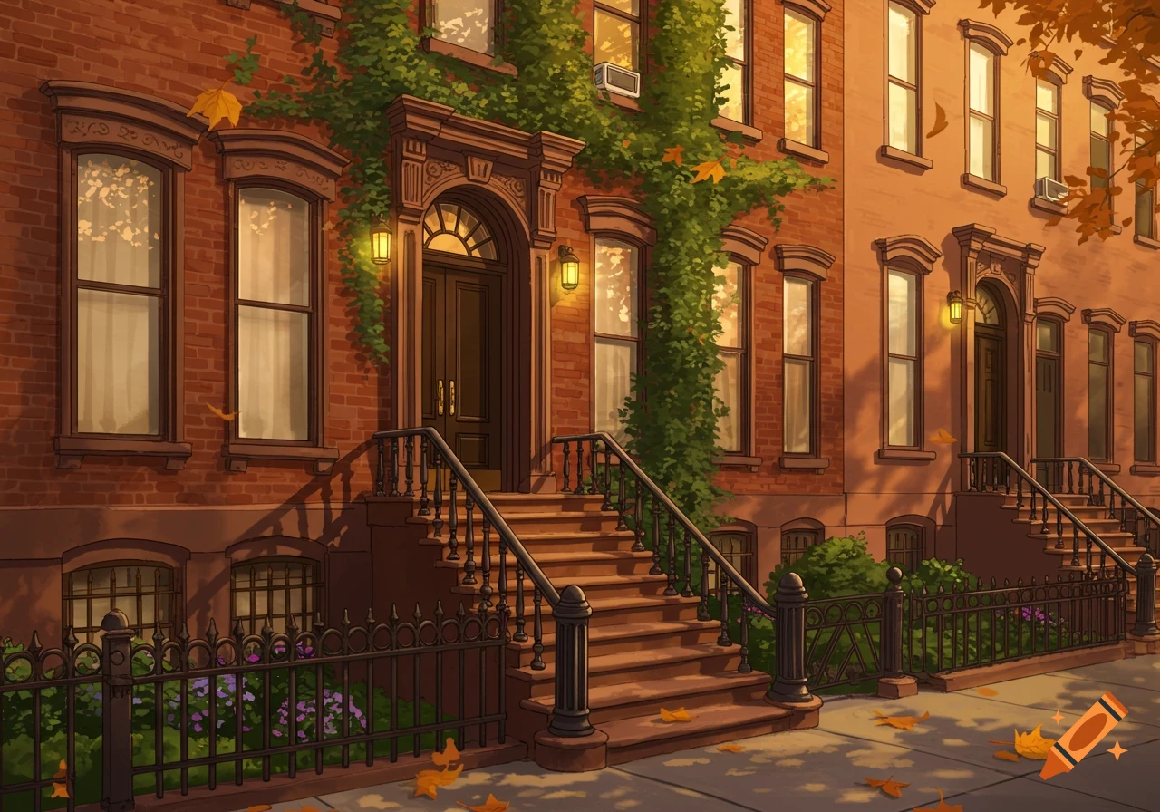 A brownstone building facade at golden hour, with vines on the brick, ornate steps, and scattered autumn leaves on the sidewalk.