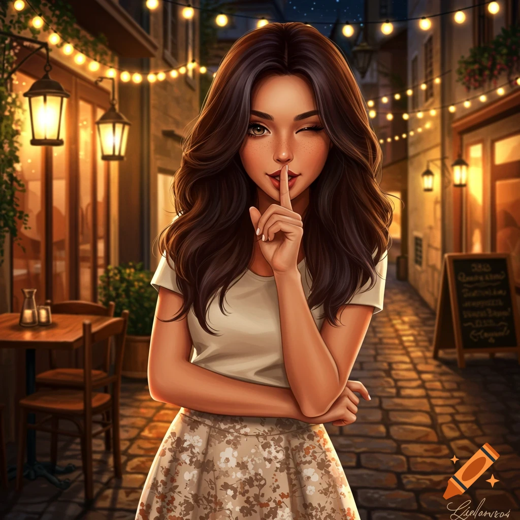An illustration of a woman with long brown hair, winking and holding a finger to her lips, standing in a cobblestone alley with string lights.