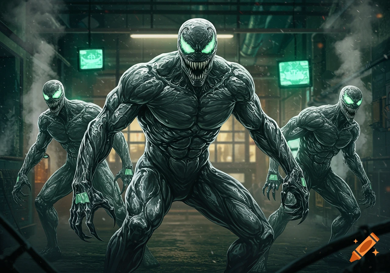 Three muscular, dark symbiote creatures with glowing green eyes stand menacingly in a smoky, dark, industrial setting with green monitors.