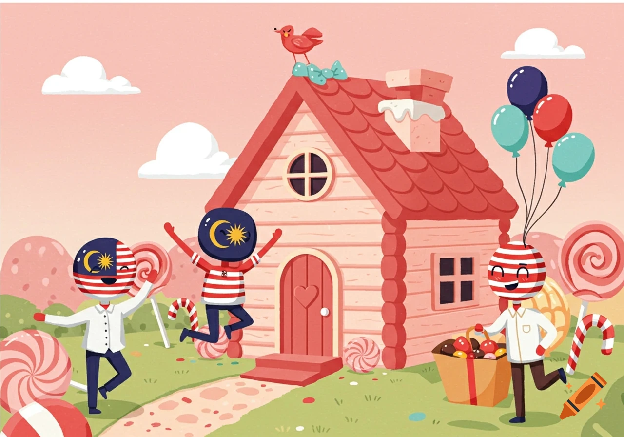 Cartoon countryhuman characters at a candy house party with lollipops and balloons, in a vibrant, sweet landscape illustration.