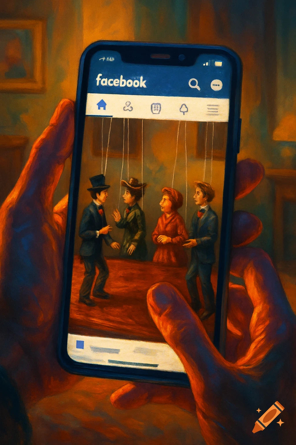 Hands hold a smartphone displaying Facebook, where four puppet-like figures are talking, symbolizing social media control.